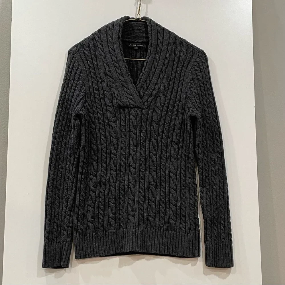 Gray Cable Knit Pullover Sweater, Jeanne Pierre, Size S